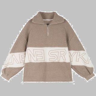 High-neck Color-block Fleece-lined Lambswool Sweatshirt