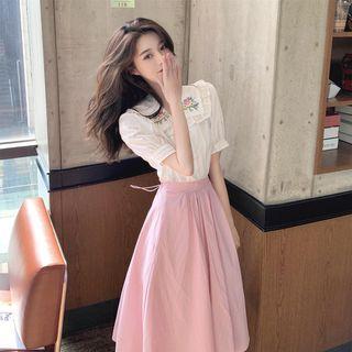 Embroidered Short-sleeve Blouse / Midi A-line Skirt