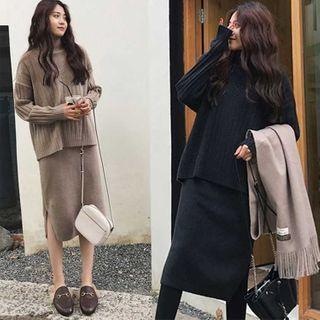 Set: Sleeveless Mock-neck Knit Dress + V-neck Sweater