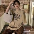 Elbow-sleeve Lettering T-shirt / Plaid Cropped Harem Pants