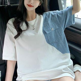 Short-sleeve Pinstriped Denim Panel T-shirt White & Blue - One Size