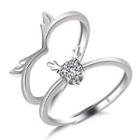 Couple Matching Deer / Rhinestone Alloy Open Ring 01-dz-675 - 1 Pair - Silver - One Size