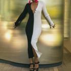 Long Sleeve V-neck Color-block Bodycon Dress