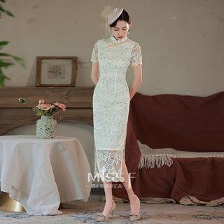 Mesh Sleeve Floral Embroidered Qipao Dress