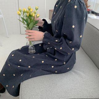 Smocked-cuff Flower-embroidered Long Dress Navy Blue - One Size