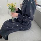 Smocked-cuff Flower-embroidered Long Dress Navy Blue - One Size