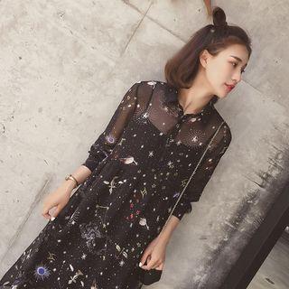 Set: Sheer Long-sleeve Shirt Dress + Slipdress