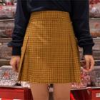 Band-waist Pleated Check Mini Skirt