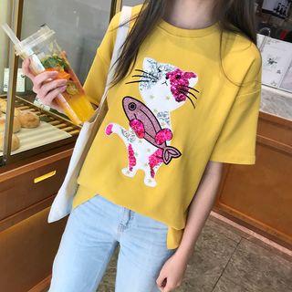 Short-sleeve Sequined Cat T-shirt