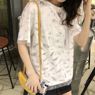 Feather Print Mesh Panel Elbow-sleeve T-shirt