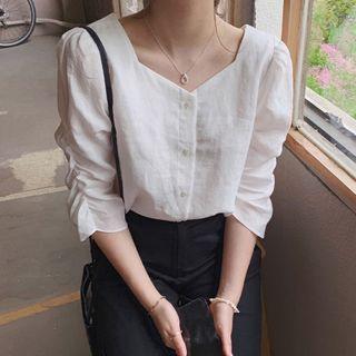 Plain Shirred 3/4-sleeve Blouse
