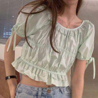 Puff-sleeve Bow Detail Cropped Blouse Light Green - One Size