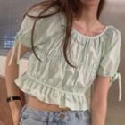 Puff-sleeve Bow Detail Cropped Blouse Light Green - One Size