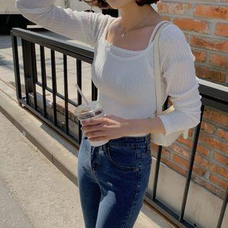 Set: Scoop-neck Rib-knit Top + Camisole Top