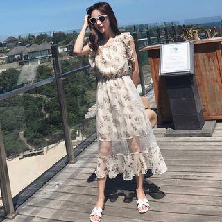 Mesh Panel Floral Sleeveless Midi Dress