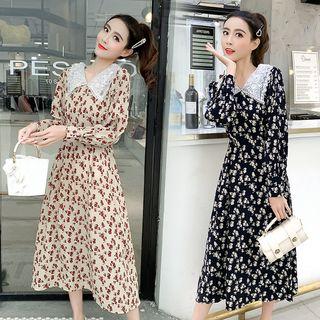 Long-sleeve Lace Collar Floral Print Midi A-line Dress