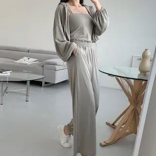 Set: Drawstring Zip-up Hoodie + Camisole Top + Wide-leg Pants