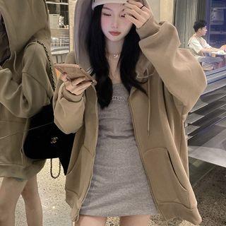 Plain Zip-up Hoodie Hoodie - Khaki - One Size