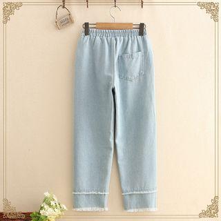 Fray Hem Letter Embroidered Straight-cut Jeans
