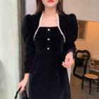 Puff-sleeve Lace Trim Midi A-line Velvet Dress Black - One Size
