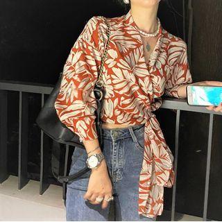 Puff-sleeve Floral Print Tie-front Blouse White - One Size