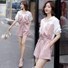 Elbow-sleeve Color Block Zip Playsuit