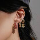 Set Of 5: Hoop Earrings + Bear Drop Earring + Lock Earring + Heart Ear Cuff Set Of 5 - Gold & Pink - One Size