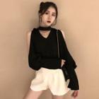 Cold Shoulder Long-sleeve Chiffon Top / High Waist Shorts