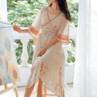 Set: Flower Print Elbow-sleeve Midi A-line Dress + Slipdress
