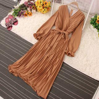 Bell-sleeve Accordion Pleat Maxi A-line Dress