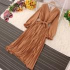 Bell-sleeve Accordion Pleat Maxi A-line Dress