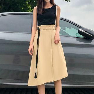 Set: Crew-neck Tank Top + High Waist A-line Skirt / Set: Crew-neck Short-sleeve T-shirt + High Waist A-line Skirt