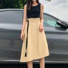 Set: Crew-neck Tank Top + High Waist A-line Skirt / Set: Crew-neck Short-sleeve T-shirt + High Waist A-line Skirt