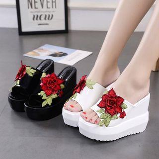 Embroidered Faux Leather Wedge Sandals