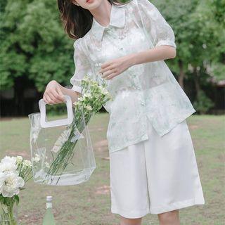 Puff-sleeve Floral Shirt / High Waist Wide Leg Dress Shorts