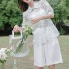 Puff-sleeve Floral Shirt / High Waist Wide Leg Dress Shorts