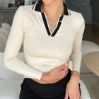 Two-tone Long-sleeve Polo Crop Top