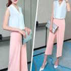 Set: Plain V-neck Tank Top + Wide Leg Pants