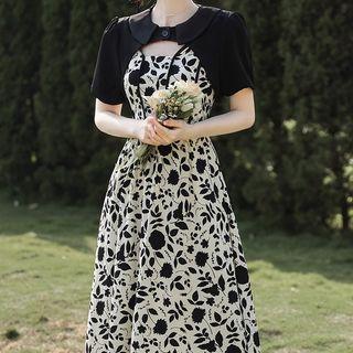 Set: Spaghetti Strap Floral Print Dress + Short-sleeve Crop Shirt