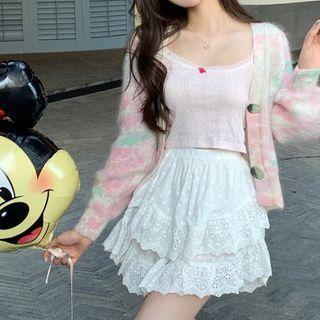 Color Block Cardigan / Camisole Top / Mini A-line Skirt