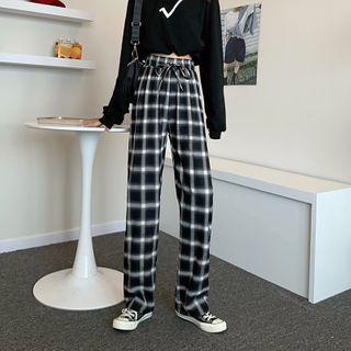 Plaid Straight-leg Pants Plaid - Black & White - One Size