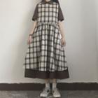 Elbow-sleeve Midi A-line Shirtdress / Sleeveless Plaid Pinafore Dress