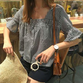 Gingham Square Neck Elbow-sleeve Top