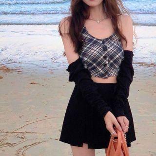 Plain Cardigan / Plaid Cropped Camisole Top / Front-slit Mini A-line Skirt