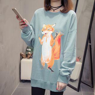 Long-sleeve Fox Print Sweatshirt Pea Green - M
