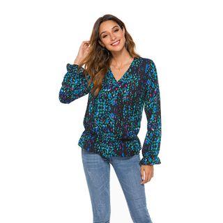 Long-sleeve V Neck Printed Blouse