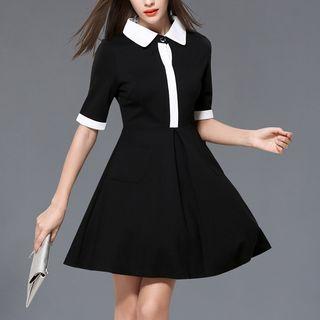 Collared Peter Pan Collar Elbow-sleeve A-line Plain Slim Dress