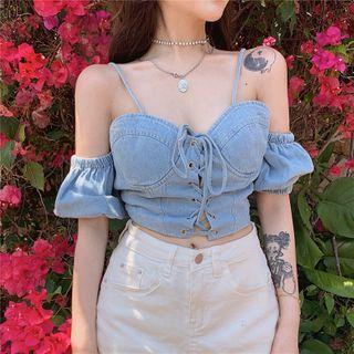 Short-sleeve Cold Shoulder Lace-up Denim Crop Top Blue - One Size