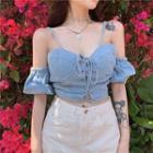 Short-sleeve Cold Shoulder Lace-up Denim Crop Top Blue - One Size