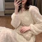 Ruched Fringed Long-sleeve Midi Flared Dress